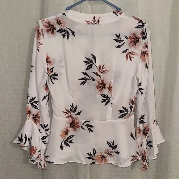 TOKITO 4 White Pink Navy Floral Button Front Bell Sleeve Peplum Tie Blouse - Picture 3 of 12